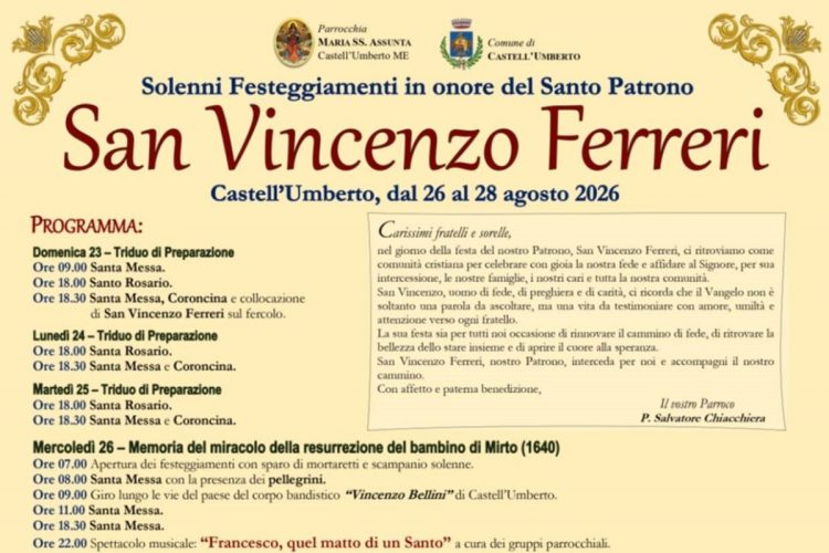 Castell’Umberto: si avvicina la Festa del Patrono S. Vincenzo Ferreri