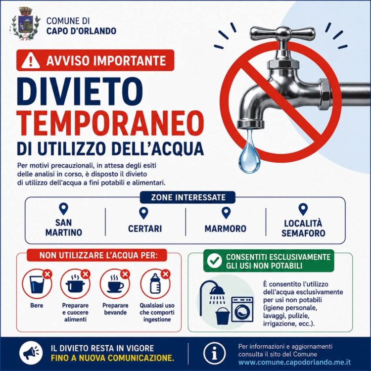 Capo d’Orlando: avviso per i cittadini nelle contrade che non potranno usufruire dell’acqua per uso potabile
